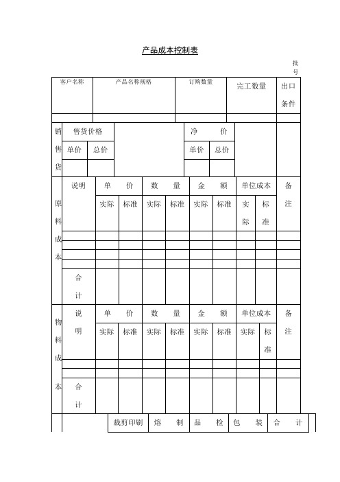 产品成本控制表格式