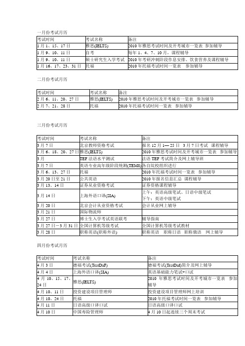 各种考试时间一览表