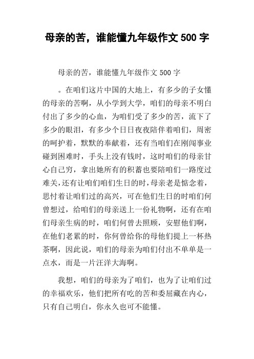 母亲的苦,谁能懂九年级作文500字