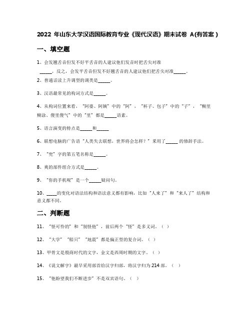 2022年山东大学汉语国际教育专业《现代汉语》期末试卷A(有答案)