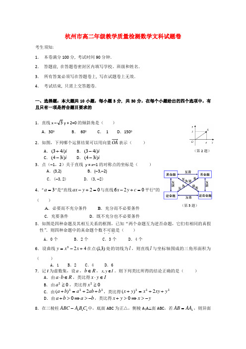 浙江省杭州市高二数学下学期期末试题 文.doc