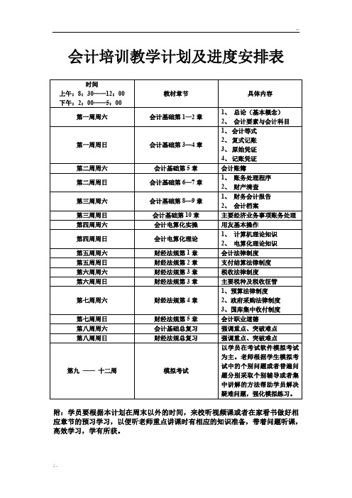 会计培训教学计划及进度安排表