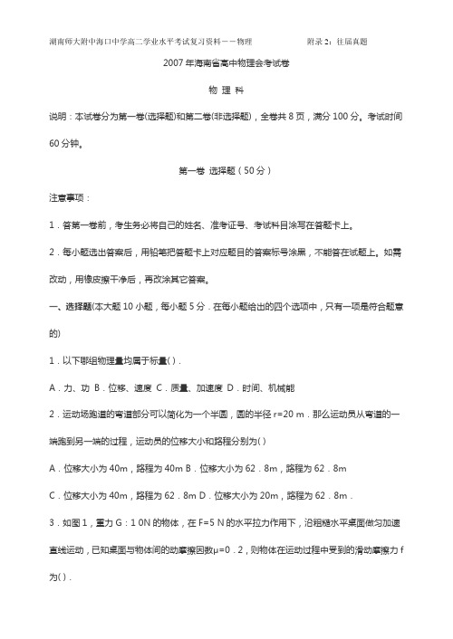 2007年、2009-14年海南省高中物理会考试卷