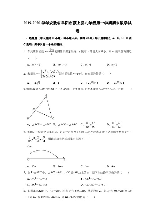 2019-2020学年安徽省阜阳市颍上县九年级(上)期末数学试卷(解析版)