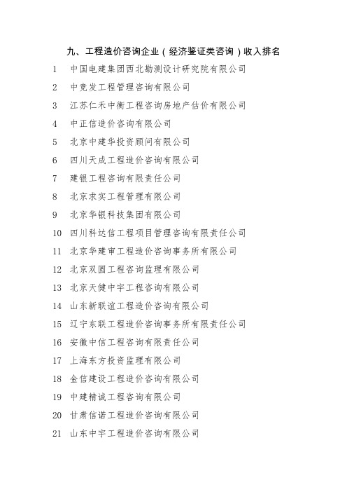 九、工程造价咨询企业(经济鉴证类咨询)收入排名