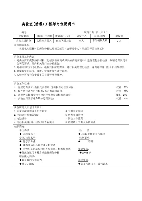 实验室(助理)工程师岗位说明书