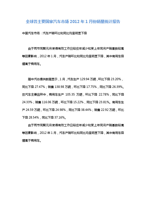 全球各主要国家汽车市场2012年1月份销量统计报告