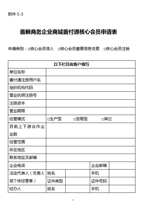 建行善融商务企业商城善付通核心会员申请表