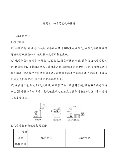 人教版化学九年级上册第一单元课题1《物质的变化和性质》知识点