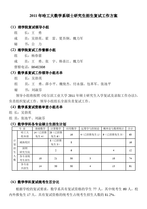 2011年哈工大数学系硕士研究生招生复试工作方案(上报20110315)