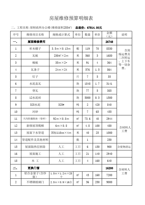 房屋维修预算明细表