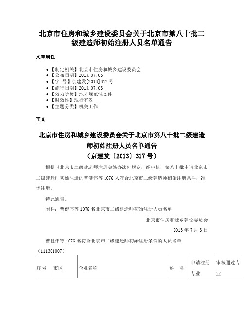 北京市住房和城乡建设委员会关于北京市第八十批二级建造师初始注册人员名单通告