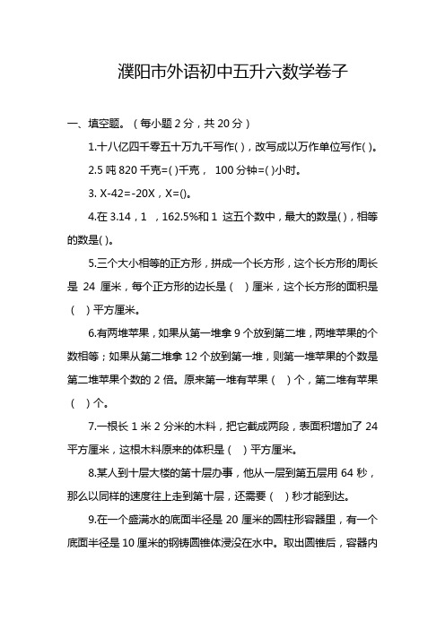 濮阳市外语初中五升六数学卷子