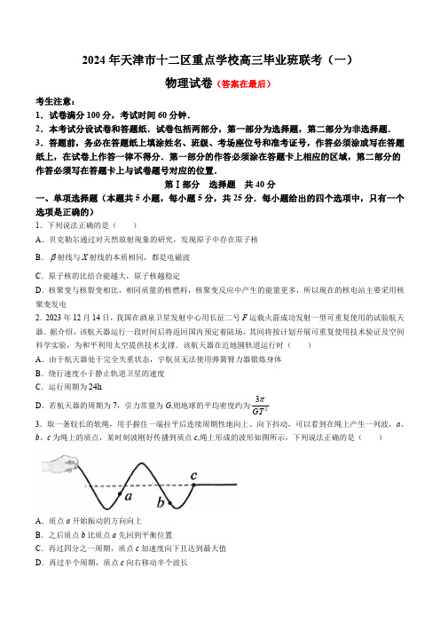 天津市十二区县重点校2024届高三下学期第一次模拟考试 物理含答案