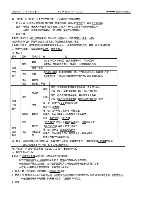 人民版历史必修三笔记@8.19世纪以来的文学艺术