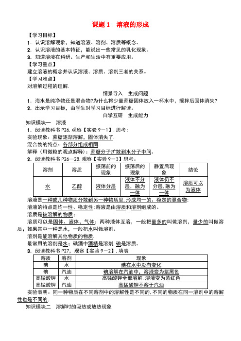 九年级化学下册第9单元溶液课题1溶液的形成学案新人教版