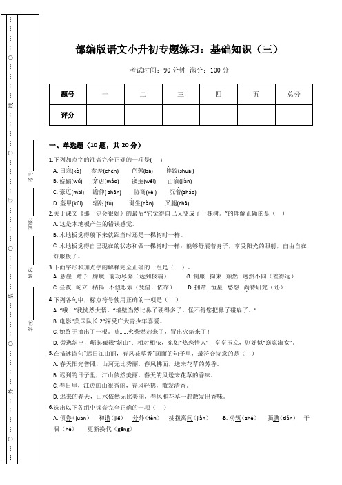 部编版语文小升初专题练习：基础知识(三)