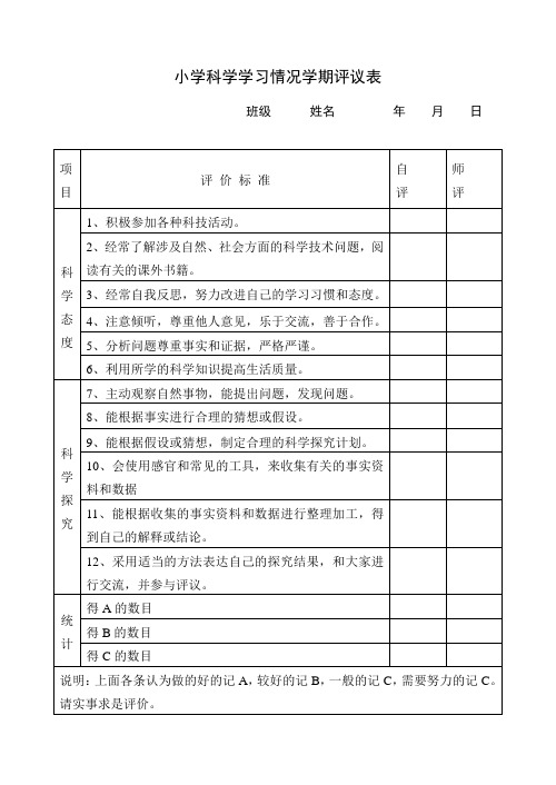 小学科学学习情况评价表