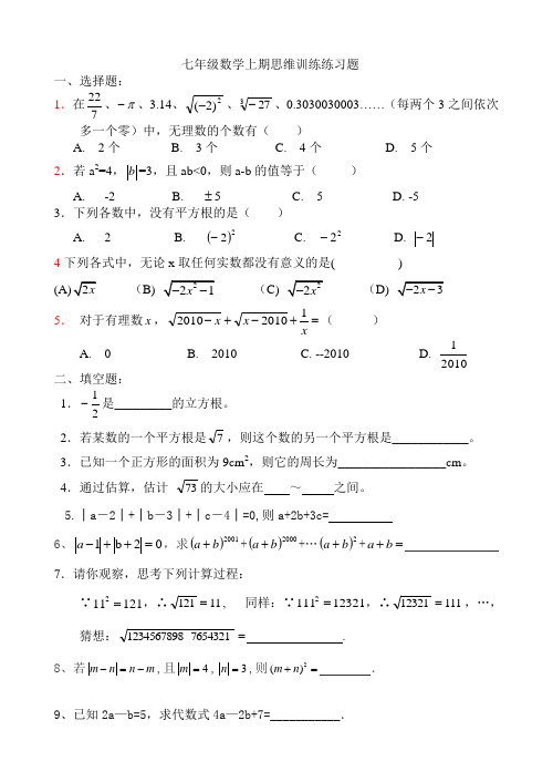 七年级数学上期思维训练练习题