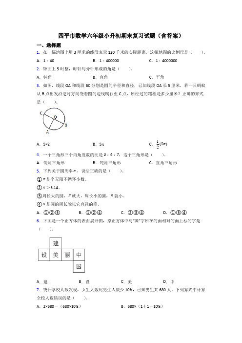 四平市数学六年级小升初期末复习试题(含答案)