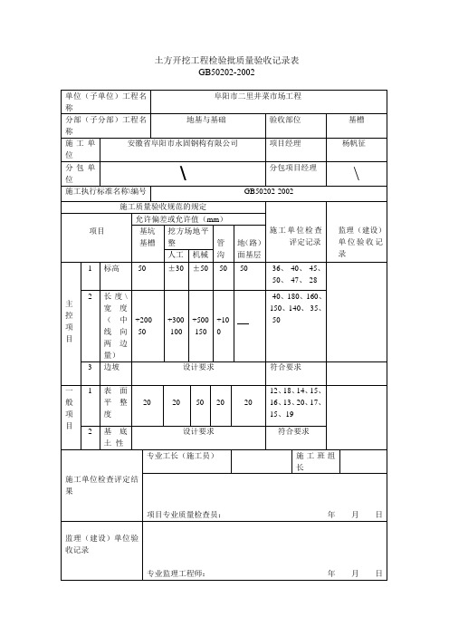 基础开挖工程检验批验收记录表