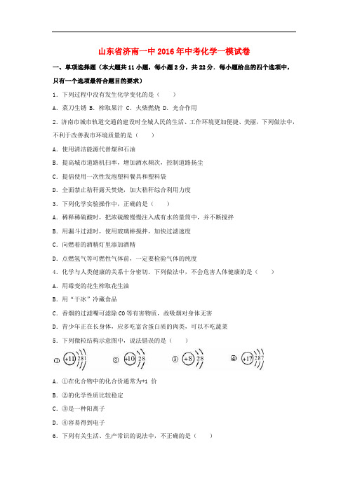 山东省济南一中中考化学一模试卷(含解析)
