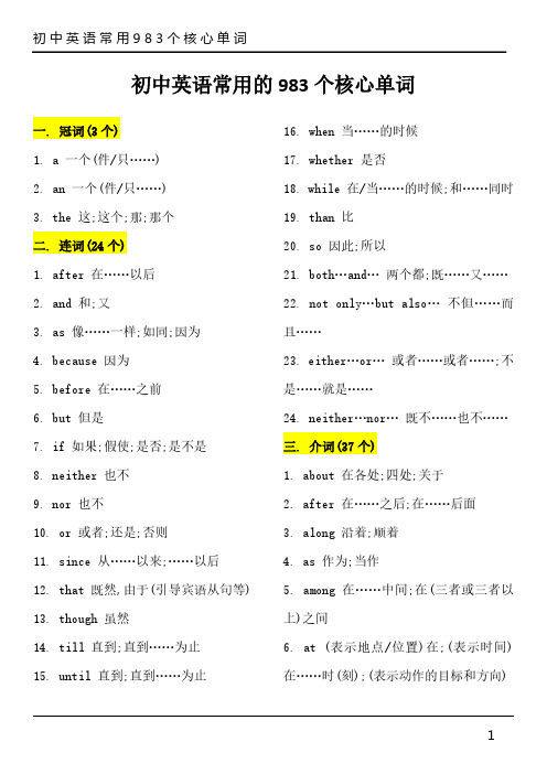 初中英语常用的983个核心单词(打印版)