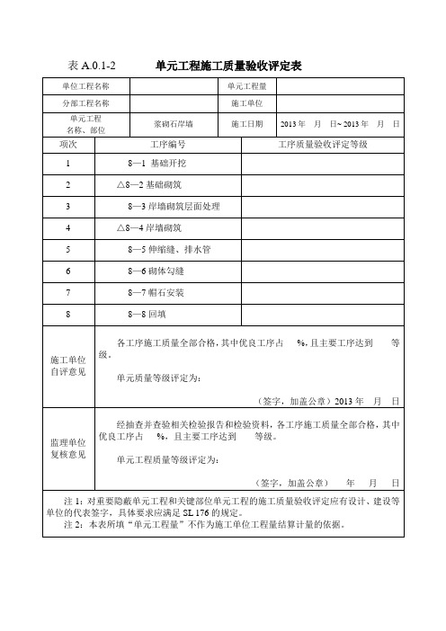 浆砌石岸墙表A.0.1-2工序施工质量验收评定表(划分工序)
