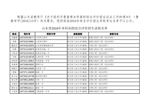 山东省2016年本科高校综合评价招生录取名单