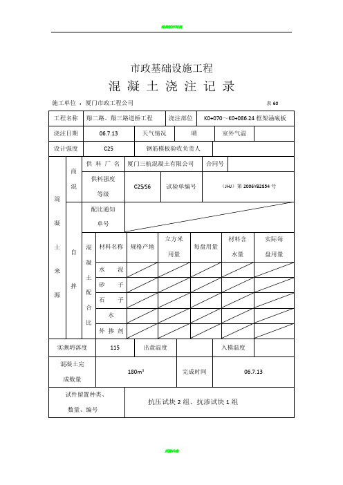 砼浇筑记录表