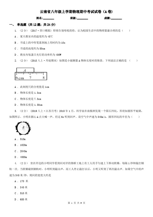 云南省八年级上学期物理期中考试试卷(A卷)