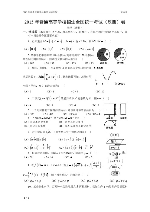 15年高考真题——理科数学(陕西卷)