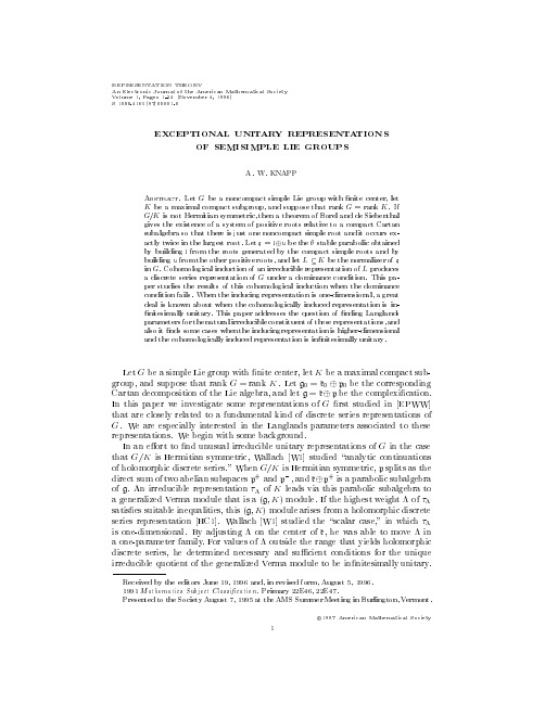 Exceptional unitary representations of semisimple Lie groups, Representation Theory 1