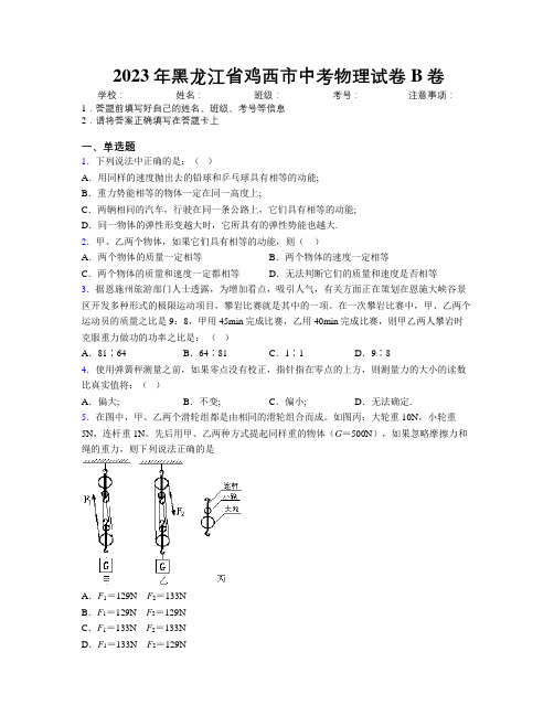 2023年黑龙江省鸡西市中考物理试卷B卷附解析