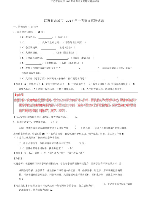 江苏省盐城市2017年中考语文真题试题含解析