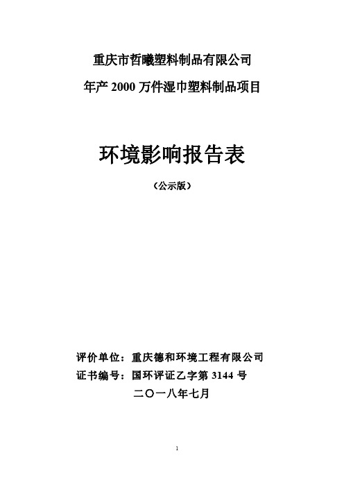 年产2000万件湿巾塑料制品项目环境影响评价报告表