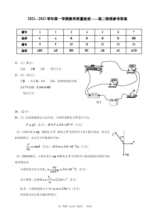 2022-2023学年第一学期东莞市高二物理期末试卷——答案