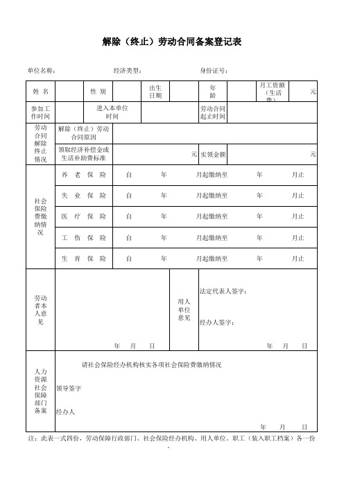 解除(终止)劳动合同备案登记表