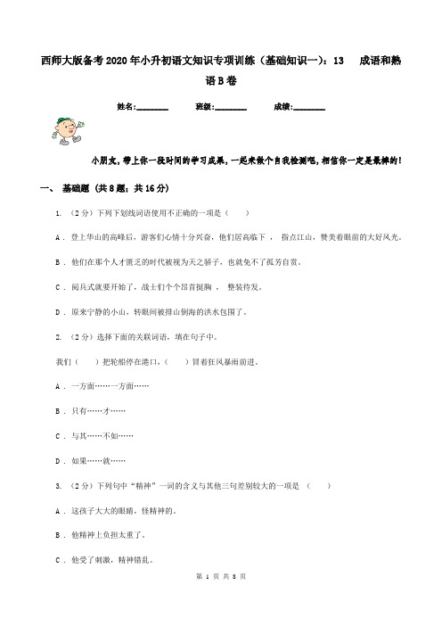 西师大版备考2020年小升初语文知识专项训练(基础知识一)：13   成语和熟语B卷