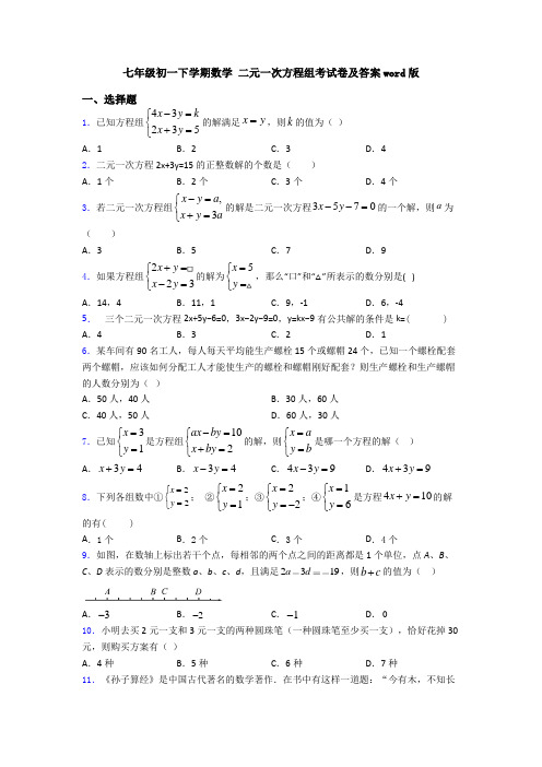 七年级初一下学期数学 二元一次方程组考试卷及答案word版