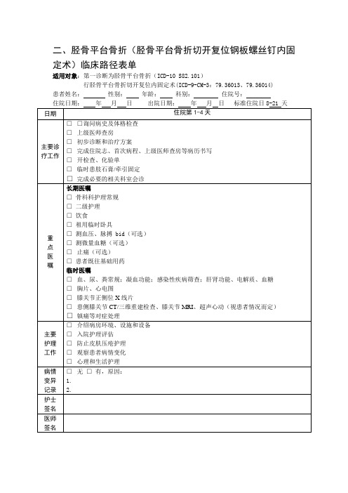 闭合性胫骨平台骨折(胫骨平台骨折切开复位钢板螺丝钉内固定术)临床路径