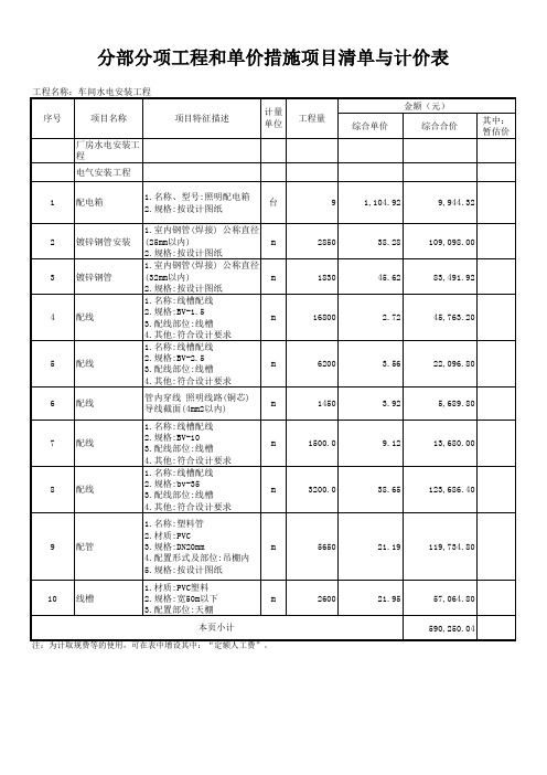 工厂生产车间水电安装工程预算书