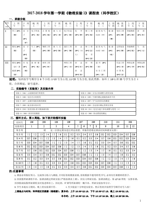 2017-2018学年第一学期《物理实验1》课程表(科学校区)