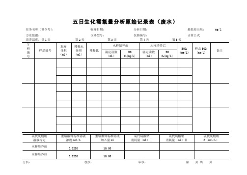 五日生化需氧量分析原始记录表(废水)