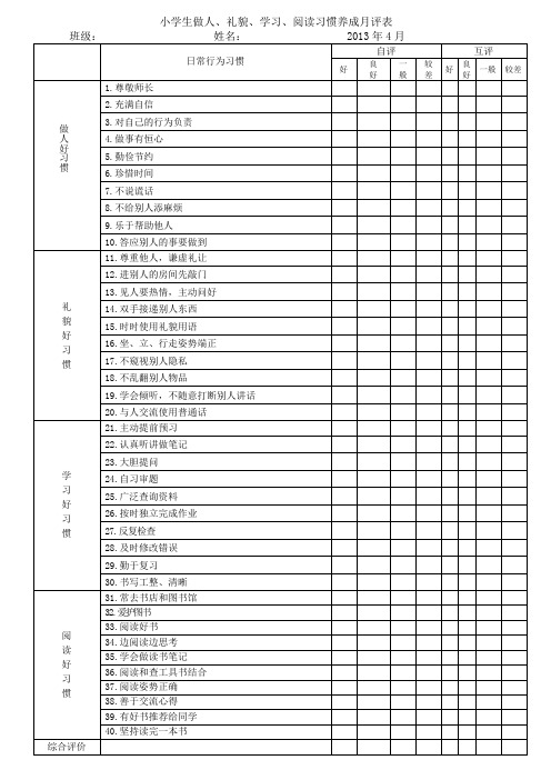 做人礼貌学习阅读习惯养成评价表