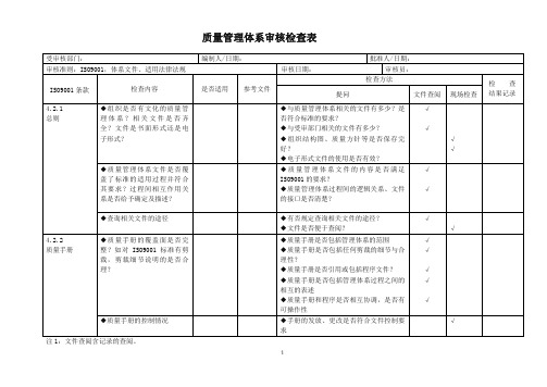 质量管理体系内部审核检查表(完整)