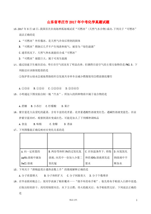 【2017中考化学】山东省枣庄市中考化学真题试题(含答案)【真题卷】