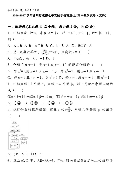 成都七中实验学校2017届高三上学期期中数学试卷(文科) 含解析