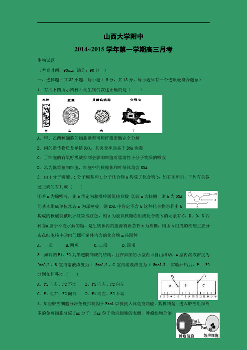 高三生物上期中-山大附中2015届高三上学期期中考试生物试题及答案