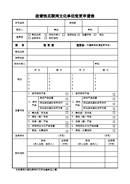 经营性互联网文化单位变更申请表